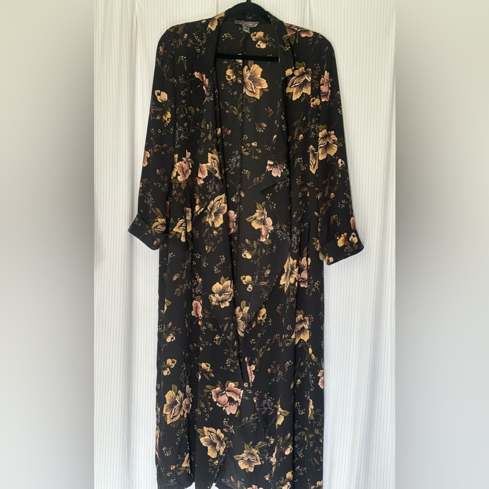Atmosphere Maxi Length Floral Black Kimono Robe Neutral Tone Pockets Size 8